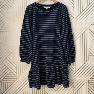 LOFT NWT cotton blend tweed Striped puff Sleeve Drop Waist ruffle hem Dress XL